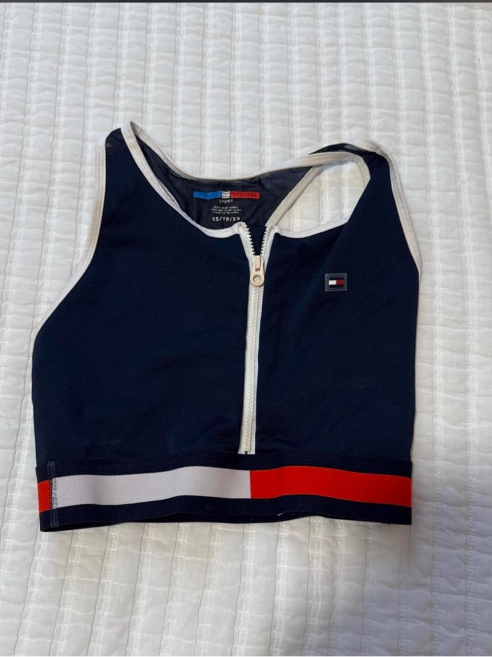 Tommy Hilfiger Navy Zip-Front Crop Tank with Red & White Hem Stripe